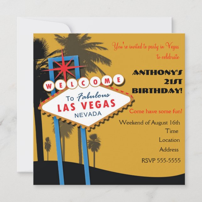 Las Vegas Golden Color Birthday Party Invitations (Front)