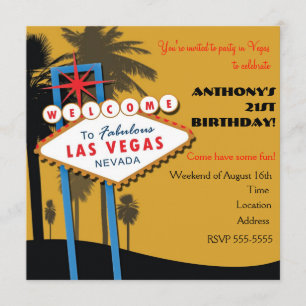 Las Vegas Golden Color Birthday Party Invitations