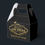 Las Vegas Hangover Recovery Kit Guest Favor Favor Boxes<br><div class="desc">Personalized welcome to fabulous Las Vegas light sign in faux gold foil on a black gable box with custom wording on the back for creating a hangover helper welcome kit for guests at your destination wedding. The boxes are nice and small, perfect for holding some pain reliever, hydration powders, B...</div>