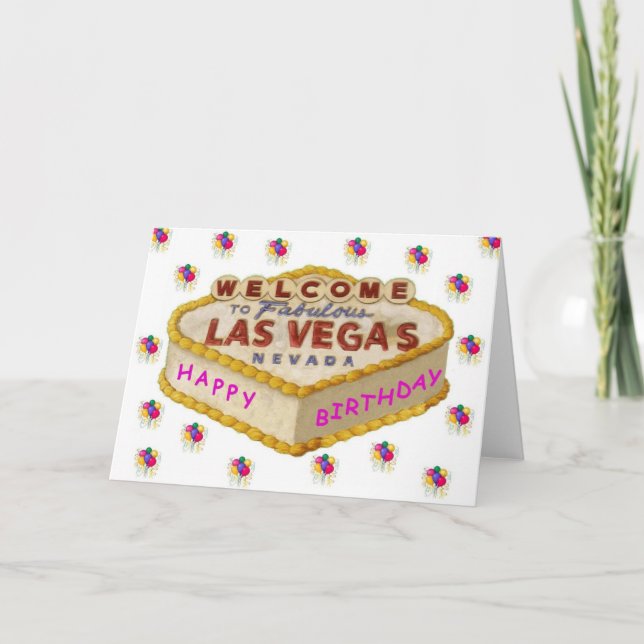 Las Vegas Happy Birthday Cake PINK Card (Front)