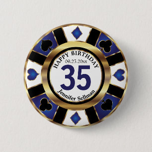 Las Vegas Happy Birthday in  Dark Blue Poker Chip Button