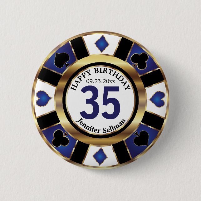Las Vegas Happy Birthday in  Dark Blue Poker Chip Button (Front)