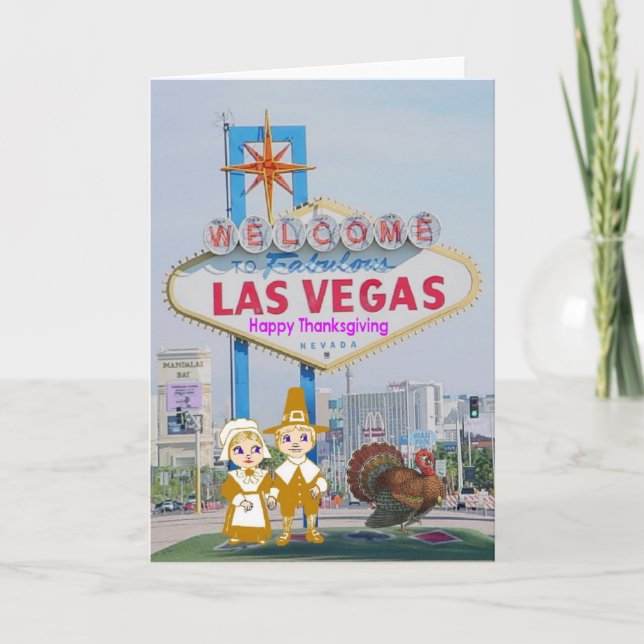 Las Vegas Happy Thanksgiving Pilgrim & Turkey Card (Front)