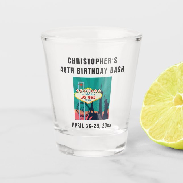 Las Vegas Landmark Birthday Party Trip Favor Shot Glass (Front)