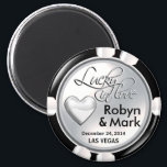 Las Vegas Lucky in Love Casino Chip white Magnet<br><div class="desc">If you're Doing It In Vegas or having a Las Vegas themed wedding or reception, these snazzy white & black casino chip magnets make the perfect wedding favors. Use the orange "Customize It" button above to personalize this magnet with your own text and font preferences. This magnet is available in...</div>