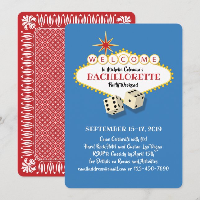 Las Vegas Marquee Birthday Party Blue Invitation (Front/Back)