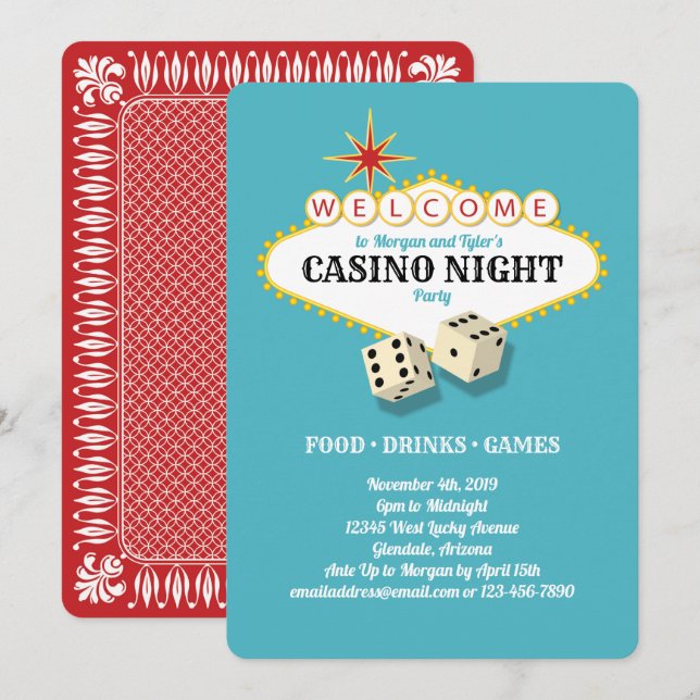 Las Vegas Marquee Casino Night Party Teal Invitation (Front/Back)