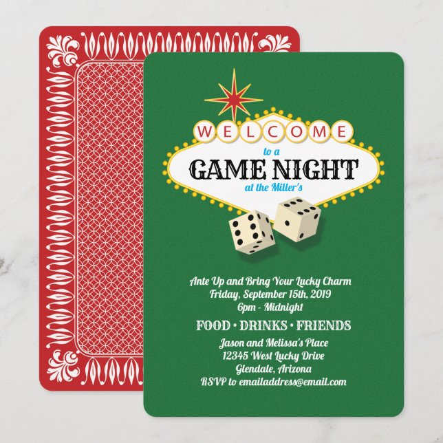 Las Vegas Marquee Game Night Green Invitation (Front/Back)