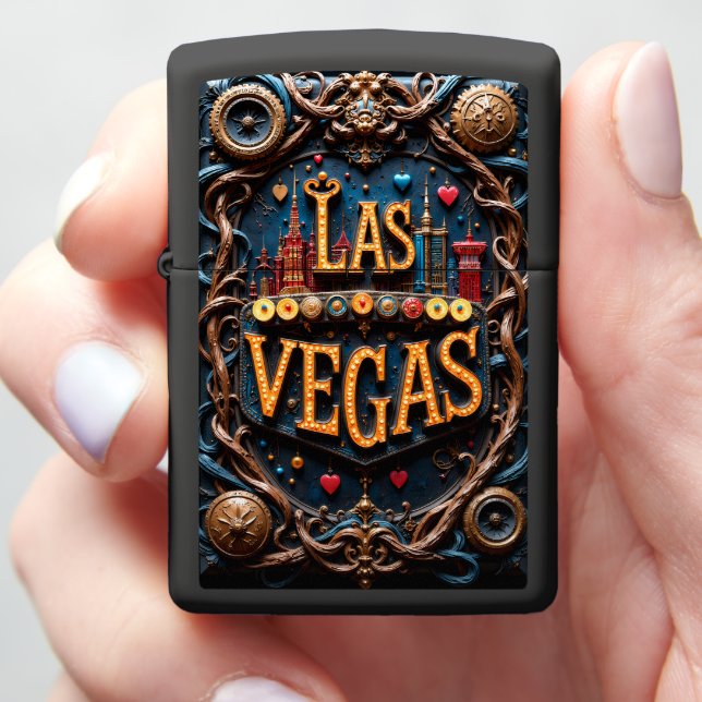 Las Vegas Marquee Gears Ornate Zippo Lighter (In Hand)