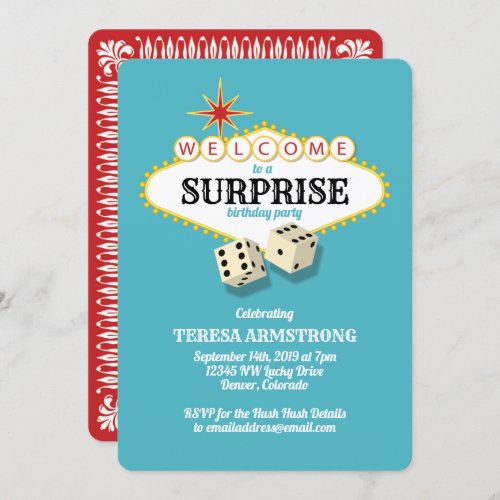 Las Vegas Marquee Surprise Birthday Party Teal Invitation