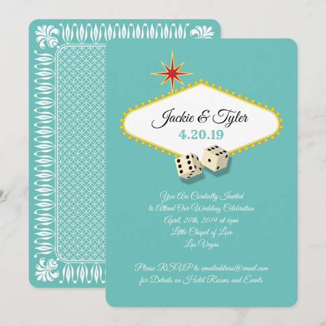 Las Vegas Marquee Wedding in Aqua Invitation (Front/Back)