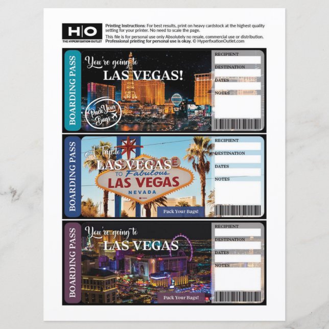 Las Vegas Mock Ticket for Travel and Events (Front)
