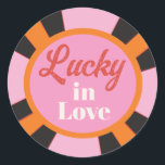Las Vegas Mod Poker Chip Classic Round Sticker<br><div class="desc">Colorful Mod Las Vegas Gambling Poker Chip. Hand drawn in colors of orange pink red cream and black. Perfect for a Las Vegas Wedding or Party! Hand drawn illustration by McBooboos. All wording can be changed to fit your needs. You'll need to change each number for each table. To make...</div>