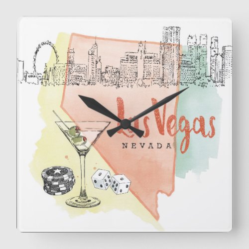 Las Vegas Nevada  Watercolor Sketch Image Square Wall Clock