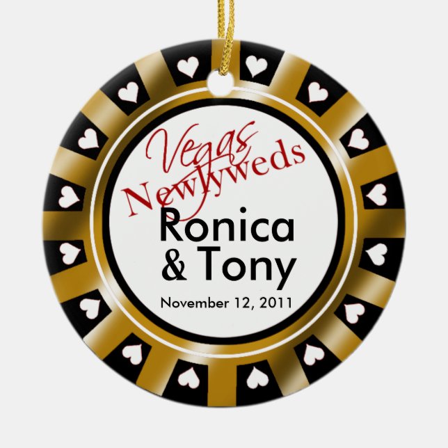 Las Vegas Newlyweds Casino Chip Photo Ceramic Ornament (Front)