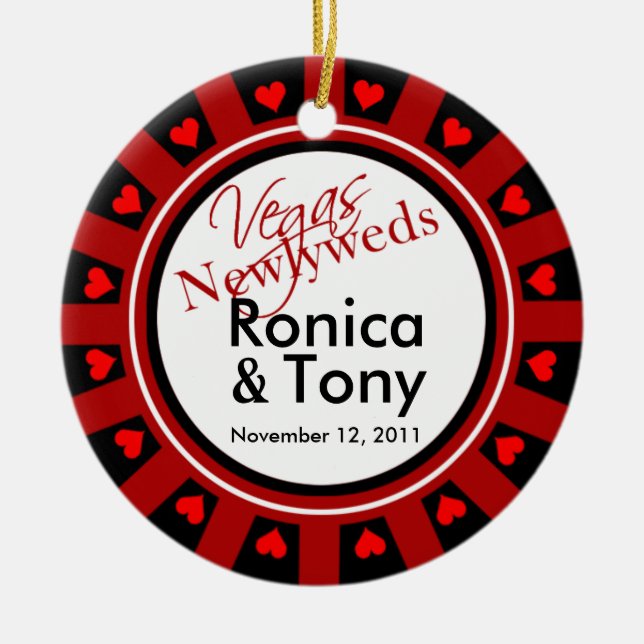 Las Vegas Newlyweds Casino Chip Photo Ceramic Ornament (Front)
