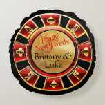 Las Vegas Newlyweds Casino Chip | red black gold Round Pillow<br><div class="desc">A beautiful, fun keepsake for your Las Vegas wedding day! This jazzy throw pillow features an easy-to-personalize casino chip on the front and rolling dice with room for special extra text on the back. A perfect memento gift for the new Mr. & Mrs. Use the CUSTOMIZE IT button to personalize...</div>