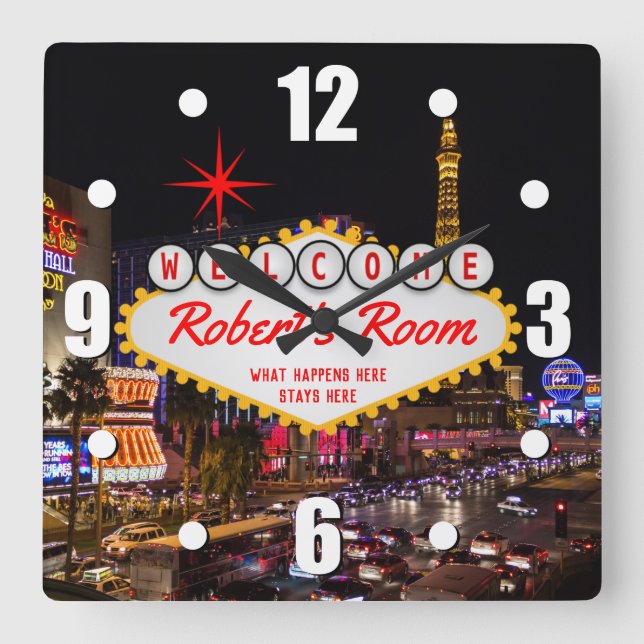 Las Vegas Night Style Your Text Square Wall Clock (Front)