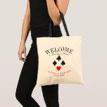 Las Vegas Red Heart Suite Custom Welcome Tote Bag<br><div class="desc">A unique set of custom tote bags tailored to your Vegas-style destination wedding. It features a welcome text followed by the name of the location or the person receiving the bag. Under this is a black card suit with the heart symbol highlighted in red with an arrow through it symbolizing...</div>