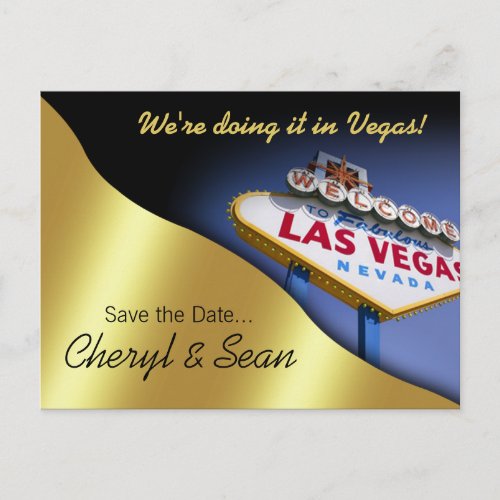 Las Vegas Save The Date metallic gold Announcement Postcard