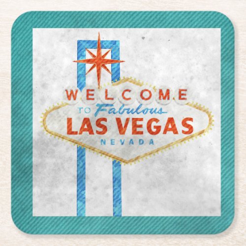 Las Vegas Sign Aqua Border Square Paper Coaster