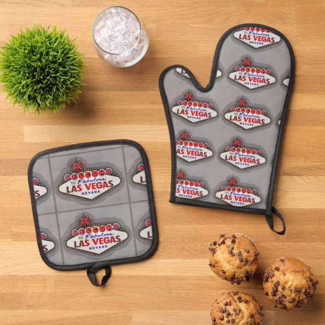 Las Vegas Sign gray Oven Mitt & Pot Holder Set (Top Down)