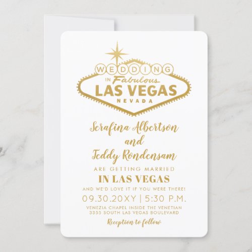 Las Vegas Sign in Gold White Wedding Invitation