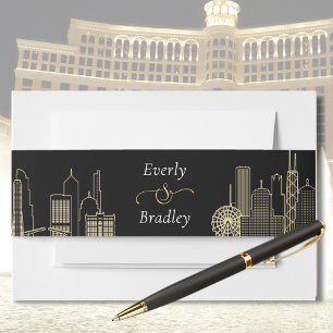 Las Vegas Skyline Black White Gold Chic Wedding Invitation Belly Band