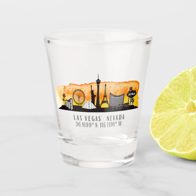 Las Vegas Skyline Latitude and Longitude Shot Glass (Front)