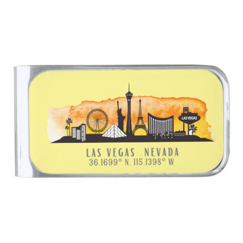 Las Vegas Skyline Latitude   Silver Finish Money Clip