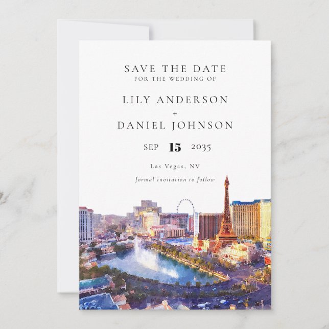 Las Vegas Skyline Watercolor Photo Wedding Save The Date (Front)