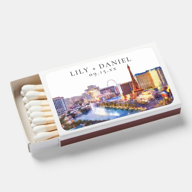 Las Vegas Skyline Watercolor Wedding Matchboxes (Front Open)
