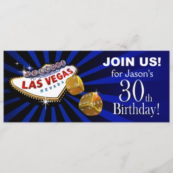 Las Vegas Starburst 30th Birthday Blue Gold Black Invitation by glamprettyweddings at Zazzle