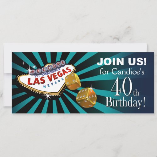 Las Vegas Starburst 40th Birthday teal gold black Invitation