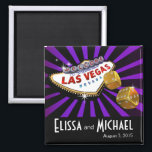 Las Vegas Starburst Wedding Favor purple black Magnet<br><div class="desc">This fun "Las Vegas Starburst" wedding magnet favor is perfect for Vegas destination weddings & casino-themed events.  For questions or requests,  email: glamprettyweddings.com/contact.  Design by Cheryl Daniels © 2013.  Matching wedding invitations,  reception invites,  save the dates and more available.</div>