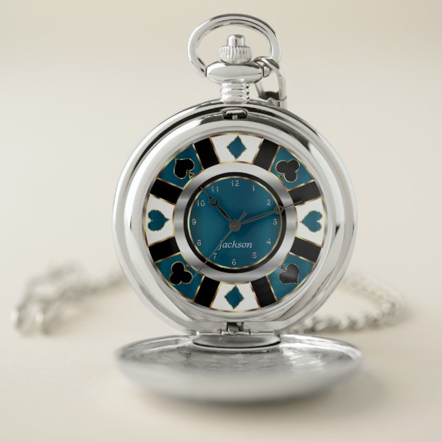 Las Vegas  Teal Poker Chip Design Pocket Watch (Inside)