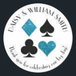 Las Vegas Theme Custom Text Malibu Blue Glitter Classic Round Sticker<br><div class="desc">Faux turquoise blue glitter and black card suits are circled by customizable text making these round stickers perfect for all kinds of projects and occasions. Use them to label favors for wedding guests,  to close envelopes and more.</div>