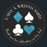 Las Vegas Theme Custom Text Malibu Blue Glitter Classic Round Sticker<br><div class="desc">Faux turquoise blue glitter and white card suits are circled by customizable text making these black,  round stickers perfect for all kinds of projects and occasions. Use them to label favors for wedding guests,  to close envelopes and more.</div>