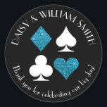 Las Vegas Theme Custom Text Malibu Blue Glitter Classic Round Sticker<br><div class="desc">Faux turquoise blue glitter and white card suits are circled by customizable text making these black,  round stickers perfect for all kinds of projects and occasions. Use them to label favors for wedding guests,  to close envelopes and more.</div>