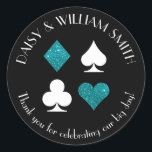 Las Vegas Theme Custom Text Sticker Teal Glitter<br><div class="desc">Faux teal glitter and white card suits are circled by customizable text making these round stickers perfect for all kinds of projects and occasions. Use them to label favors for wedding guests,  to close envelopes and more.</div>