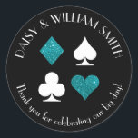 Las Vegas Theme Custom Text Sticker Teal Glitter<br><div class="desc">Faux teal glitter and white card suits are circled by customizable text making these round stickers perfect for all kinds of projects and occasions. Use them to label favors for wedding guests,  to close envelopes and more.</div>