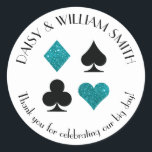 Las Vegas Theme Custom Text Sticker Teal Glitter<br><div class="desc">Faux teal glitter and black card suits are circled by customizable text making these round stickers perfect for all kinds of projects and occasions. Use them to label favors for wedding guests,  to close envelopes and more.</div>