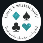 Las Vegas Theme Custom Text Sticker Teal Glitter<br><div class="desc">Faux teal glitter and black card suits are circled by customizable text making these round stickers perfect for all kinds of projects and occasions. Use them to label favors for wedding guests,  to close envelopes and more.</div>
