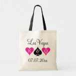 Las Vegas theme wedding tote bags for bridesmaids<br><div class="desc">Personalized Las Vegas theme wedding tote bag with playing card suits. Neon pink and hearts and black spade. Ace of spades poker wedding tote bag with King and Queen of hearts. Personalizable monogram letter for bride and groom. Cute idea for team bride, bridesmaids, flower girl, maid of honor, mother of...</div>