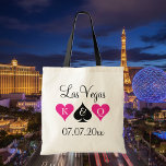 Las Vegas theme wedding tote bags for bridesmaids<br><div class="desc">Personalized Las Vegas theme wedding tote bag with playing card suits. Neon pink and hearts and black spade. Ace of spades poker wedding tote bag with King and Queen of hearts. Personalizable monogram letter for bride and groom. Cute idea for team bride, bridesmaids, flower girl, maid of honor, mother of...</div>