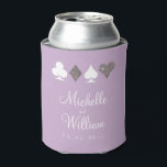Las Vegas Themed Wedding Can Cooler Silver Purple<br><div class="desc">**Need a different color than lavender purple? Just click the customize option and change the background color and even the text color for a totally custom look!** The perfect favor for your guests, these lavender can coolers feature a classic Las Vegas motif of faux silver glitter card suits and two...</div>