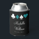 Las Vegas Themed Wedding Favor Teal Black Can Cooler<br><div class="desc">**Need a different color than black? Just click the customize option and change the background color and even the text color for a totally custom look!** The perfect favor for your guests, these black can coolers feature a classic Las Vegas motif of faux teal glitter card suits and two sides...</div>
