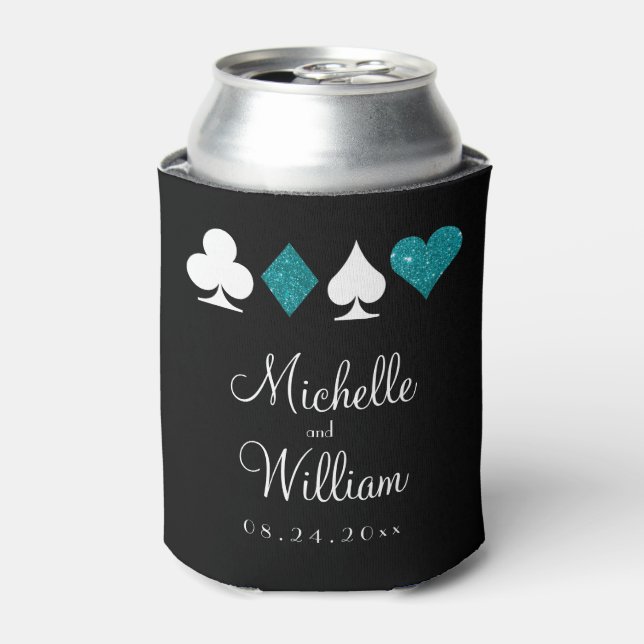 Las Vegas Themed Wedding Favor Teal Black Can Cooler (Can Front)
