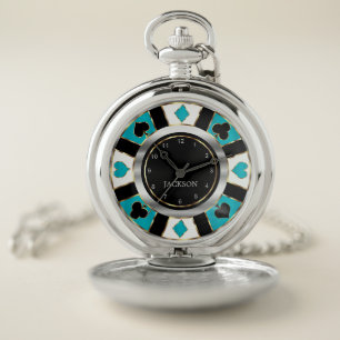Las Vegas Turquoise Poker Chip Design Pocket Watch