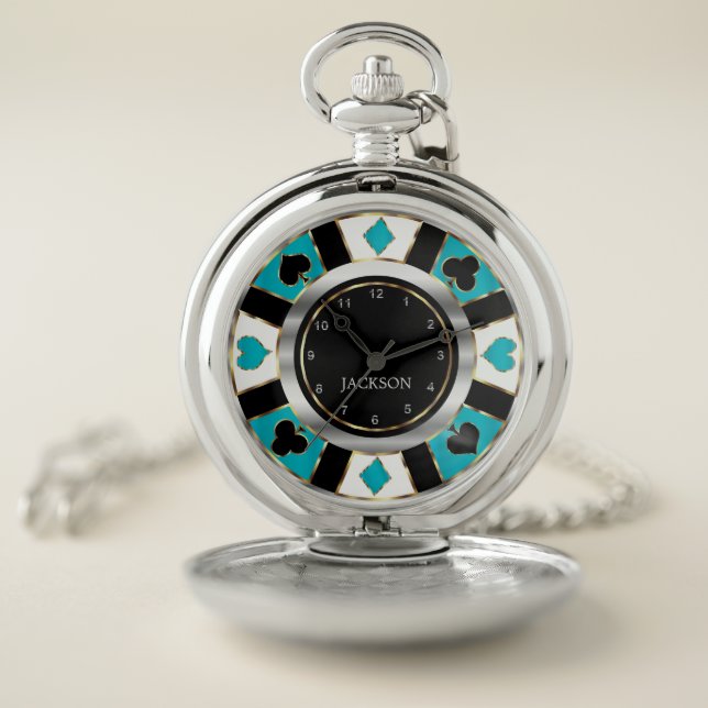 Las Vegas Turquoise Poker Chip Design Pocket Watch (Inside)